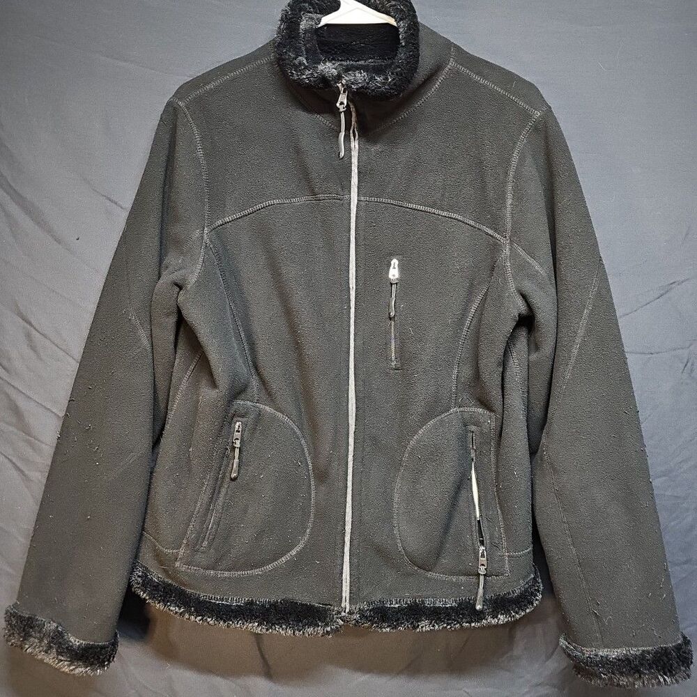 Womens Green Tea Jacket Size M Black Fleece Faux Fur Lining Trim Full Zip